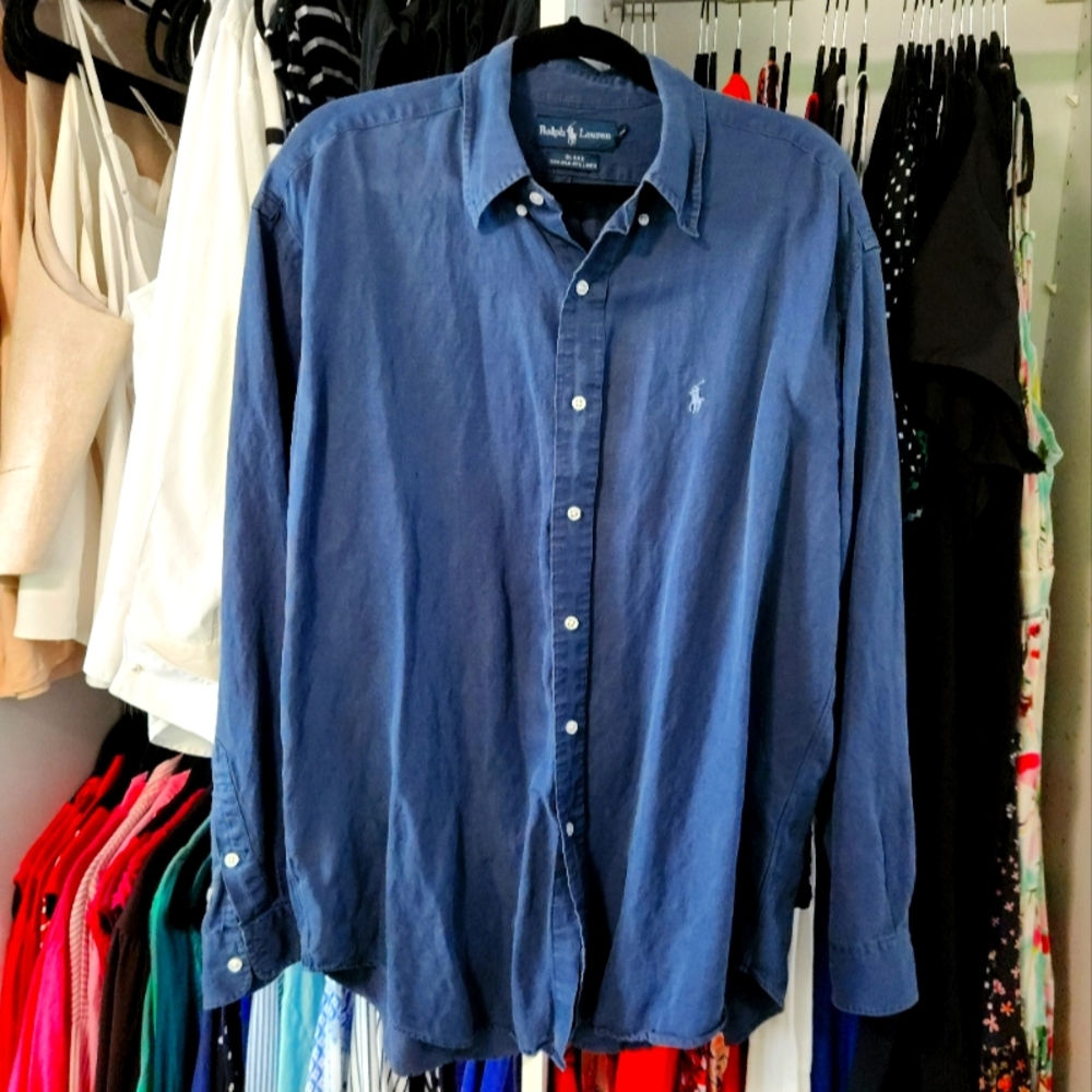 Ralph Lauren Men's Blake Dusty Blue Collared Long Sleeve Shirt Linen Silk Blend